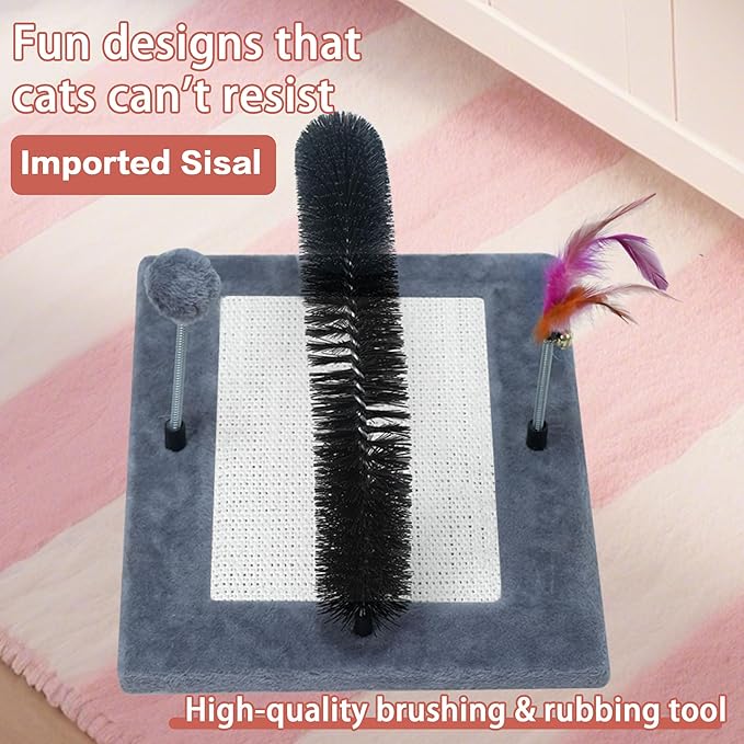 Interactive Toy with Scratching Pads for Indoor Cats,Interactive Cat Toy with Feather Toys and Self-Grooming Brush,Interactive Cat Toy for Indoor Cats,Grey (Square)