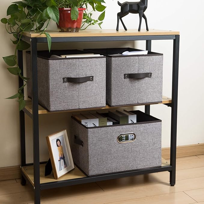 PRANDOM Larger Collapsible Storage Bins for Closet [3-pack] Decorative Linen Fabric Storage Baskets Cubes with Leather/Metal Handles for Living Room Cloth Grey and Black Trim (17.3x12.2x10.4 Inch)