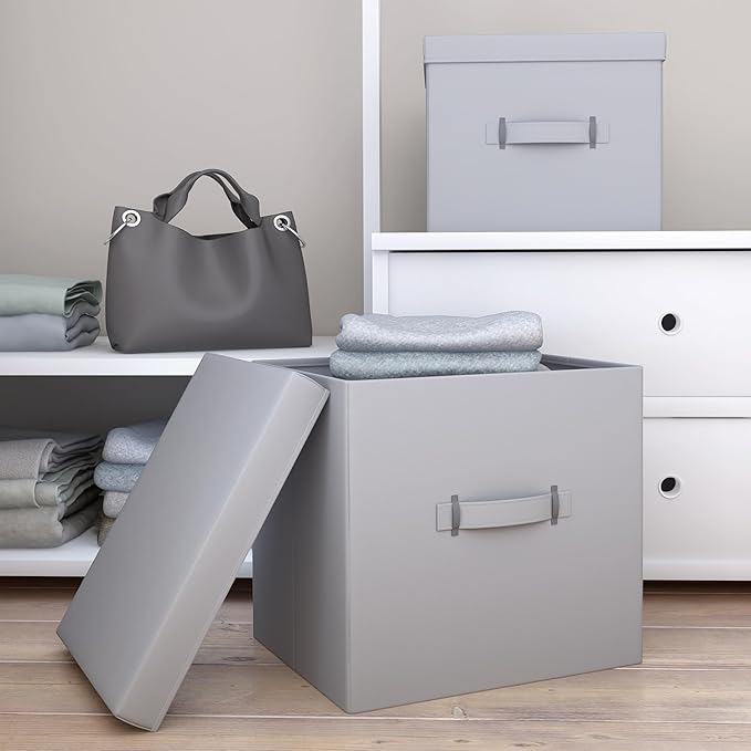 Martha Stewart Essential Collapsible Stackable Decorative Home Storage Organization With Lidded Tops, Set of 2 Nesting Boxes with Lids, Grey