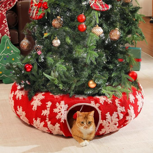 PEQULTI Cat Christmas Tunnel with Bed for Indoor Cats, Cat Donut Tunnel Under The Tree with Washable Soft Plush Mat, Round Tube Toys Cute Tube for Kittens, Puppies, Rabbits and Ferrets, Red