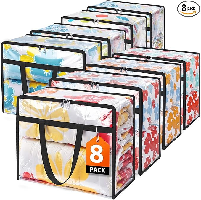 Clear Clothes Storage Bags, 8 Pack Closet Organizers and Under Bed Storage Containers, Foldable Moving Bags with Zippers for Comforter, Blanket, Bedding, Duvet, PVC Packing Bags 40L