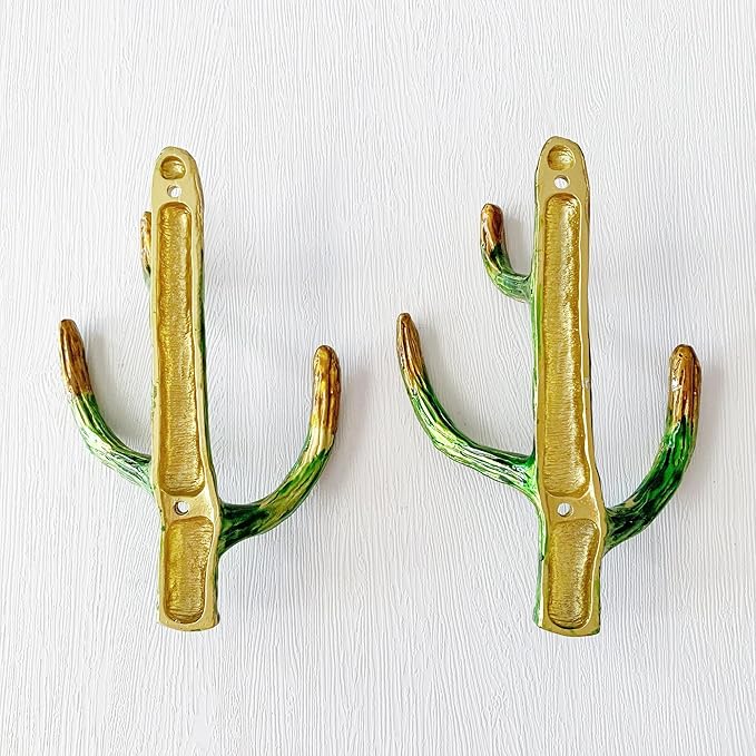 Vintage Cactus-Shaped Decorative Wall Hooks Rack Hangers for Hanging Clothes Coats Towels Keys Hats, 2 Pack Antique Metal Mounted Wall Hook