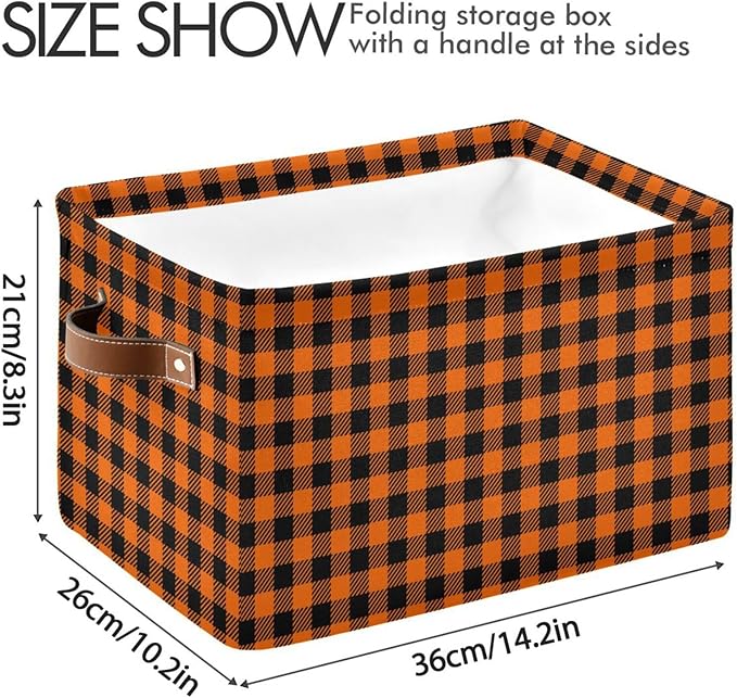 Halloween Thanksgiving Black Orange Plaid Large Storage Basket Cube Storage Bin Canvas Fabric Organizer Handles Collapsible Decorative for Clothes Toys Bedroom