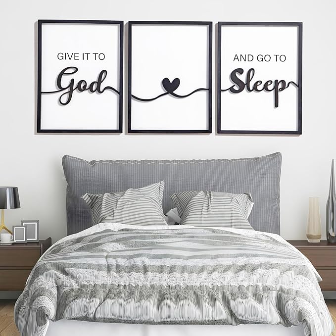 3D Wood Give it to God and Go to Sleep Signs 36x16”, Above Bed Wall Decors, Black And White 3D Bedroom Wall Art (12x16 inches, Set of 3, Framed)