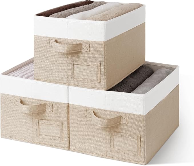 GRANNY SAYS Storage Baskets for Organizing, Fabric Storage Bins for Shelves, Closet Storage Boxs, Clothing Storage and Organization, Decorative Storage Bins, Khaki&Ivory, Large, 3-Pack