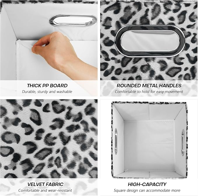 ANMINY 8PCS Storage Cubes Leopard Cheetah Print Velvet Fabric Storage Bins for Shelves, Collapsible Washable Closet Storage Baskets Boxes with Handles for Organizing and Storage -Gray, 11"x 11"x 11"