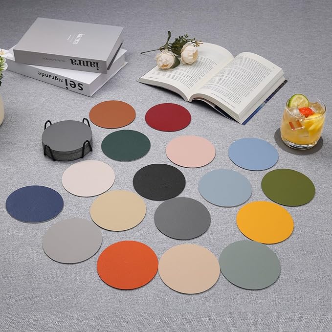 Drink Coasters With Holder - Faux Leather Set of 12, Dual Sided for Coffee Tabletop Protection, Non-Slip Washable Cups (Black Red)