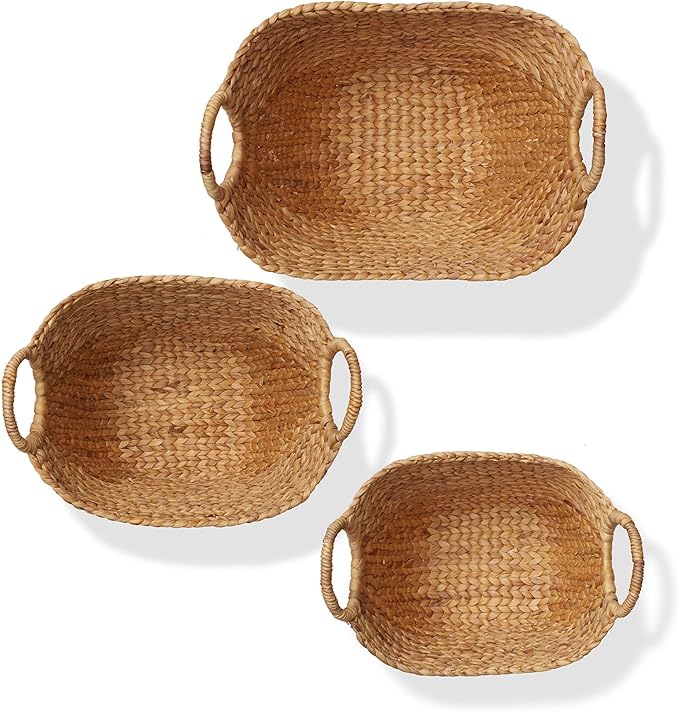 Casafield Set of 3 Multipurpose Boat Baskets with Handles - Natural, Woven Water Hyacinth Storage Organizers for Throw Blankets, Bedroom, Living Room, Laundry
