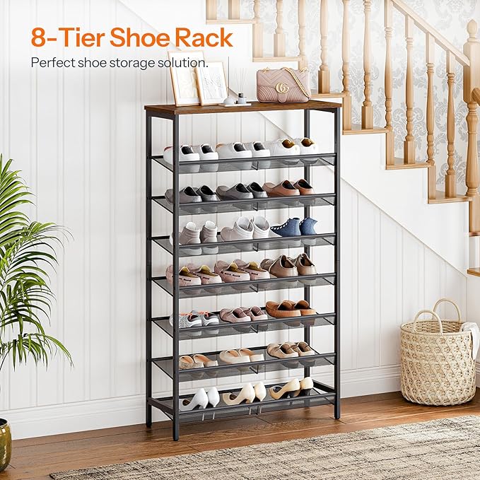 HOOBRO 8-Tier Shoe Rack, 29.5"L Shoe Shelf, Large Capacity Shoe Storage Organizer for 21-24 Pairs of Shoes, Front Door Entrance, Entryway, Hallway, Closet, Space Saver, Rustic Brown and Black BF18XJ01