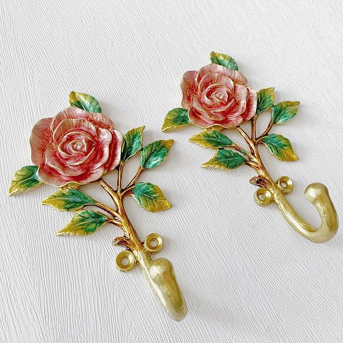 Vintage Flower Shaped Decorative Wall Hooks Rack Hangers for Hanging Clothes Coats Towels Keys Hats, 2 Pack Antique Metal Mounted Wall Hook