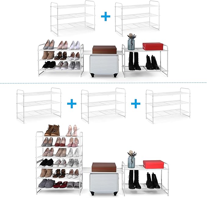 Simple Trending 3-Tier Stackable Shoe Rack, Expandable & Adjustable Shoe Shelf Storage Organizer, Wire Grid, White