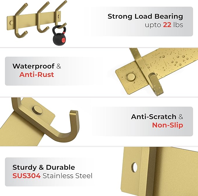 Brushed Gold Small Coat Rack Wall Mount – 9 Inch Stainless Steel Rail with 3 Double Coat Hooks for Entryway, Bathroom, Bedroom, Kitchen – Modern Gold Hook Rack for Coats, Hats, Towels