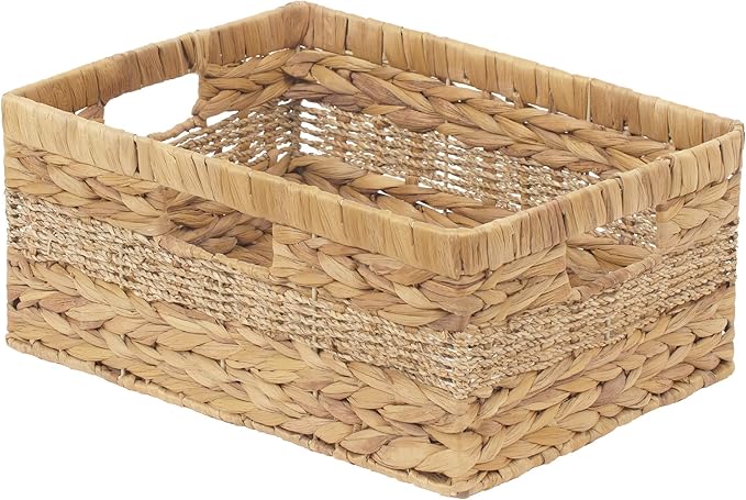 StorageWorks Large Rectangular Wicker Basket, Water Hyacinth and Seagrass Storage Basket with Built-in Handles, 1 Pack