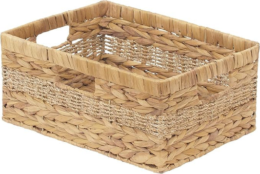 StorageWorks Large Rectangular Wicker Basket, Water Hyacinth and Seagrass Storage Basket with Built-in Handles, 1 Pack