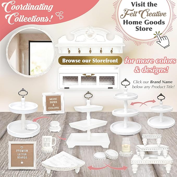 2 Tiered Tray Wooden Serving Stand by Felt Creative Home Goods. Small Shabby Chic Beaded Tray for Home Decor Display Farmhouse Country Decoration Kitchen or Dining. Includes 3 Custom Handles (White)