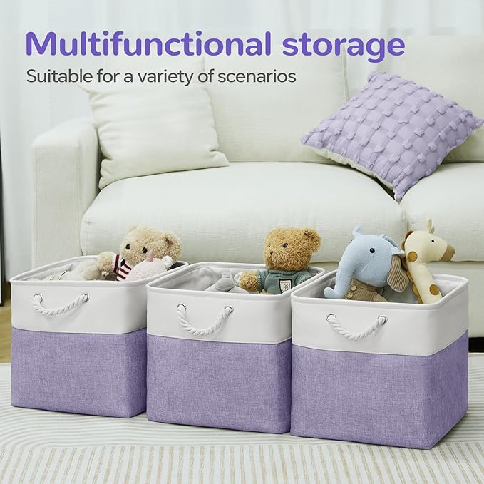 12 x 12 Inch Cube Storage Bins, 4 Pack Fabric Storage Basket with Handles, Foldable Boxes Organizer for Shelf Baskets for Home, Clothes, Toys (White/Purple)