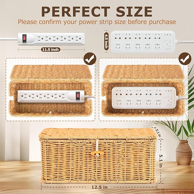 Cable Organzier Box, Handwoven Imitation Rattan Power Strip Cover Cable Management Box, 2 Open Slots Cord Organizer Cord Storage Basket for Computer Router USB Hub and Power Strip
