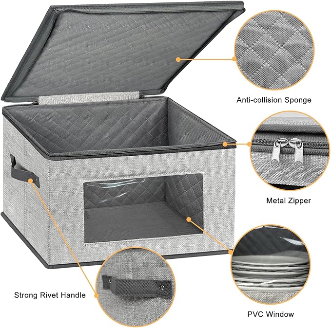 China Storage Containers, 12 Inch Dinner Plate Dish Storage Containers, Hard Shell Quilted Dinnerware Storage Box Case with Lids and Felt Protectors for Dishes Plates Storage and Moving (Light Grey)