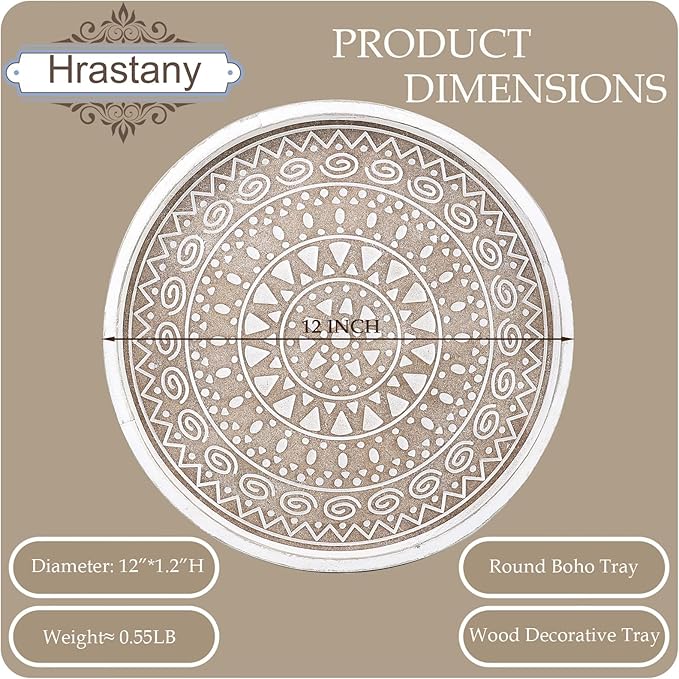 Boho Round Wooden Decorative Tray, White Farmhouse Candles Tray for Home Decor, A Pattern