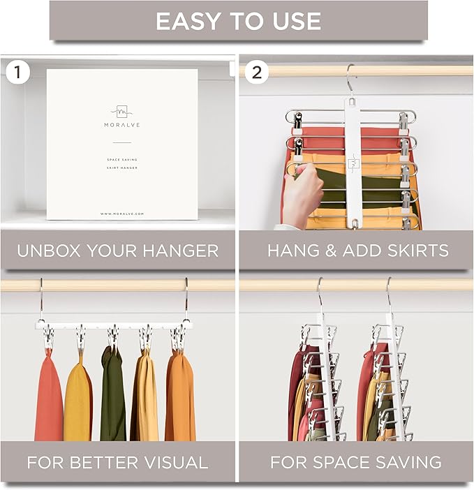 MORALVE Skirt Hangers Space Saving with Clips - 2 Pack - European Beechwood 5-Tier Hanger for Shorts, Skirts, and Pants - Closet Organizer and Storage Solution for Women with 360° Swivel Hook