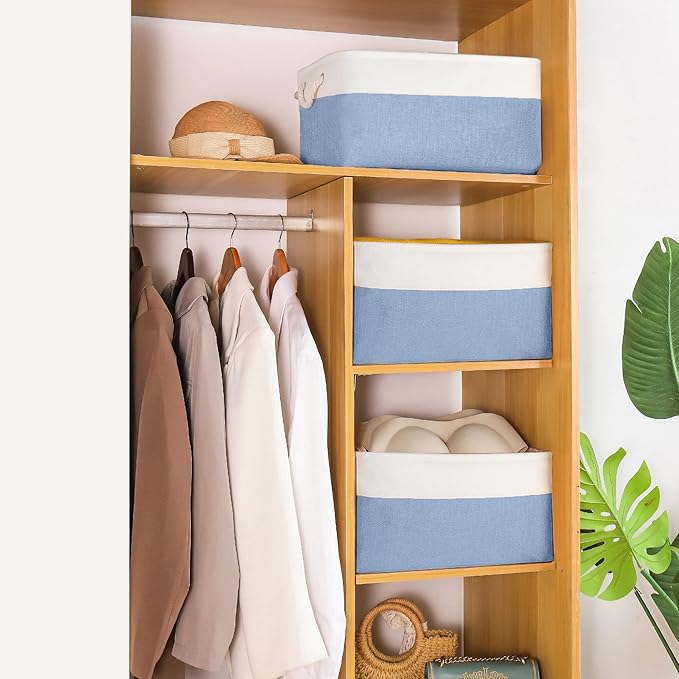 Storage Bins with Sturdy Cotton Handles(3 Pack), Fabric Storage Baskets for Organizing use for Office & Home, Book, Clothes, Toys, Closet Boxes (Small, Blue-White, 12.2x8.3x6.3 inches)