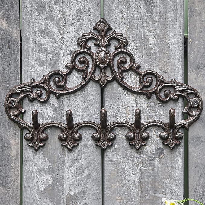 Sungmor Cast Iron Rustic Coat Hook Hanger with 5 Hooks - Practical Iron Storage Organizer/Wall Hooks Hanging Rack - Pretty Pattern Charming Wall Decor for Keys Clothes Hats