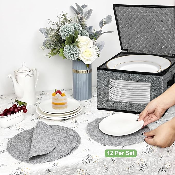China Storage Containers, 12 Inch Dish Dinner Plate Storage Containers, Hard Shell Quilted Dinnerware Storage Box Case with Lids and Felt Protectors for Dishes Plates Storage and Moving (Dark Grey)