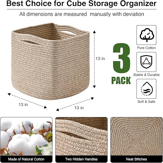 13 Inch Cube Closet Storage Bins, Woven Cotton Rope Organizer Baskets for Organizing & Shelves, Books, Towels, Clothes, Toys, 13x13x13 in, Brown (Pack of 3)