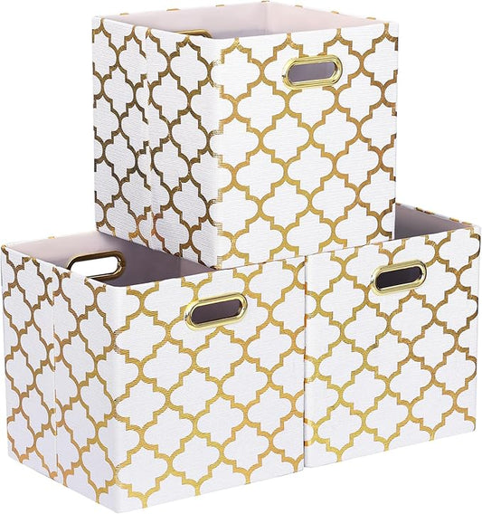 13x13x13 Storage Cube Bins, Collapsible Storage Bins Fabric Storage Cubes Organizer Baskets Box Drawers for Shelves, Closet, Wardrobe, Bookshelf, Cabinet, 3 Pack, White & Gold