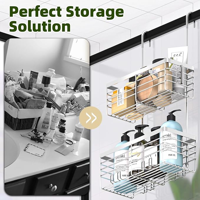 YUOROS Shower Caddy Hanging, 2 Tier Over the Door Shower Organizer Rack 304 Stainless Steel Rustproof (Silver)