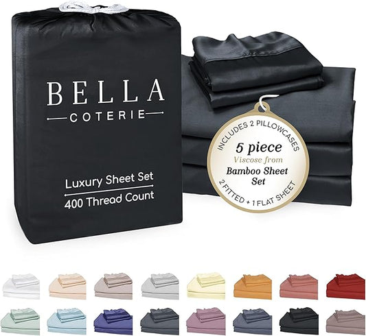 Bella Coterie Luxury Bamboo Viscose Split King Size Sheet Set | 2 Fitted Sheets for Sleep Number & Adjustable Beds | 100% Organically Grown | Cooling & Ultra Soft | 18” Deep Pocket [Black]