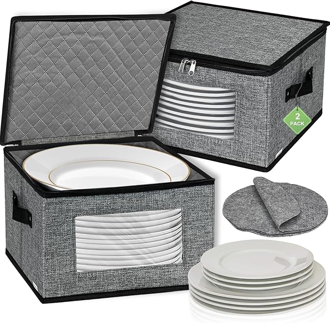 China Storage Containers, 12 Inch Dish Dinner Plate Storage Containers, Hard Shell Quilted Dinnerware Storage Box Case with Lids and Felt Protectors for Dishes Plates Storage and Moving (Dark Grey)