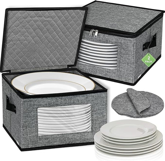 China Storage Containers, 12 Inch Dish Dinner Plate Storage Containers, Hard Shell Quilted Dinnerware Storage Box Case with Lids and Felt Protectors for Dishes Plates Storage and Moving (Dark Grey)