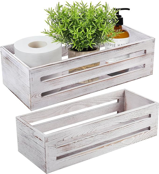 LotFancy Bathroom Decor Box, 2 Pack Wooden Toilet Paper Holder, White Toilet Storage Basket for Back of Toilet, Farmhouse Toilet Tank Topper
