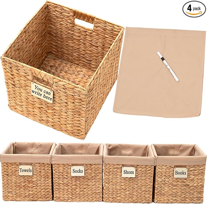 Water Hyacinth Storage Baskets For Organizing, Wicker Baskets For Storage Cube Organizer, Rattan Basket Set, Woven Basket Organizer, Canastas Para Organizar, Cube Shelf, Cubes Bins 12x12 In, 4 Psc