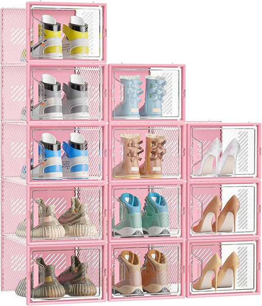 Shoe Storage, 12 Pack X-Large Shoe Organizer for Closet, Shoe Boxes Clear Plastic Stackable Shoe Storage Boxes for Size 13
