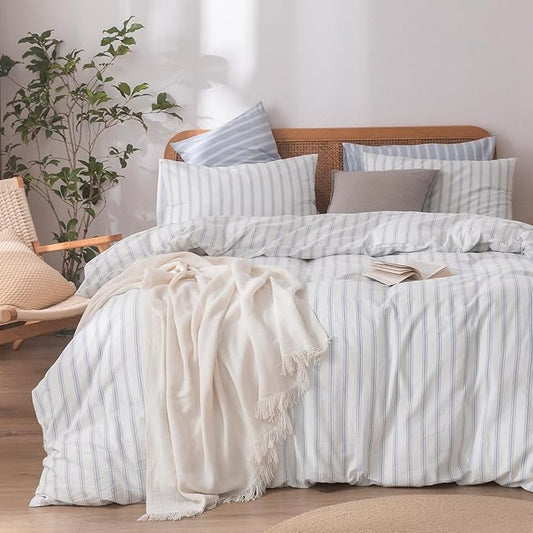BESTOUCH Duvet Cover Set 100% Washed Cotton Linen Feel Super Soft Comfortable Chic Lightweight 3 PCs Home Bedding Set White & Cornflower Blue Stripes Queen