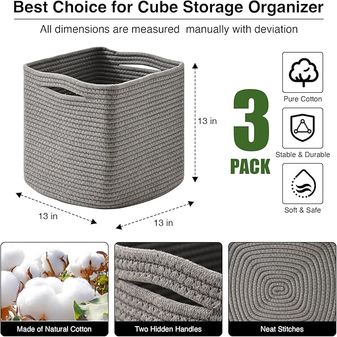 13 Inch Cube Closet Storage Bins, Woven Cotton Rope Organizer Baskets for Organizing & Shelves, Books, Towels, Clothes, Toys, 13x13x13 in, Grey (Pack of 3)