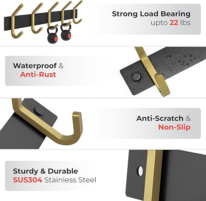 Coat Rack Wall Mount – Black and Gold Hook Rail with 5 Double Coat Hooks, 15 Inch Stainless Steel Wall Hooks for Entryway, Bathroom, Bedroom, Closet, Towel, Hat, Bag, Heavy Duty Organizer
