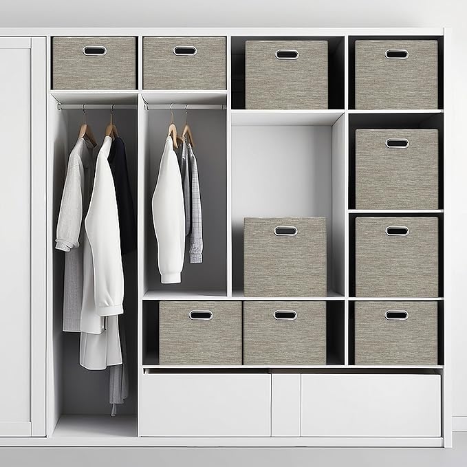 Posprica Closet Storage Bins, 4 Pack Closet Shelf Organizers, Linen Fabric Decorative Storage Baskets for Organizing, Foldable Storage Box for Clothes, Toy, 15x10.5x8.25 Inch-Coffee