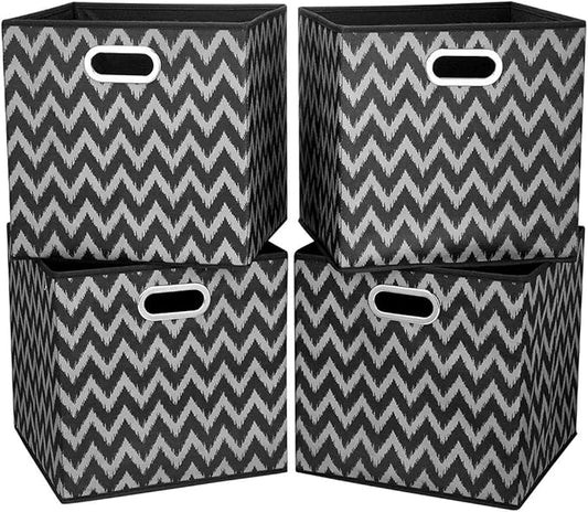 i BKGOO Cloth Storage Bins Set of 4 Thick Fabric Drawers Foldable Cubes Basket Organizer Container with Dual Metal Handles for Shelf Cabinet Bookcase Boxes Grey-Black 13x13x13 inch