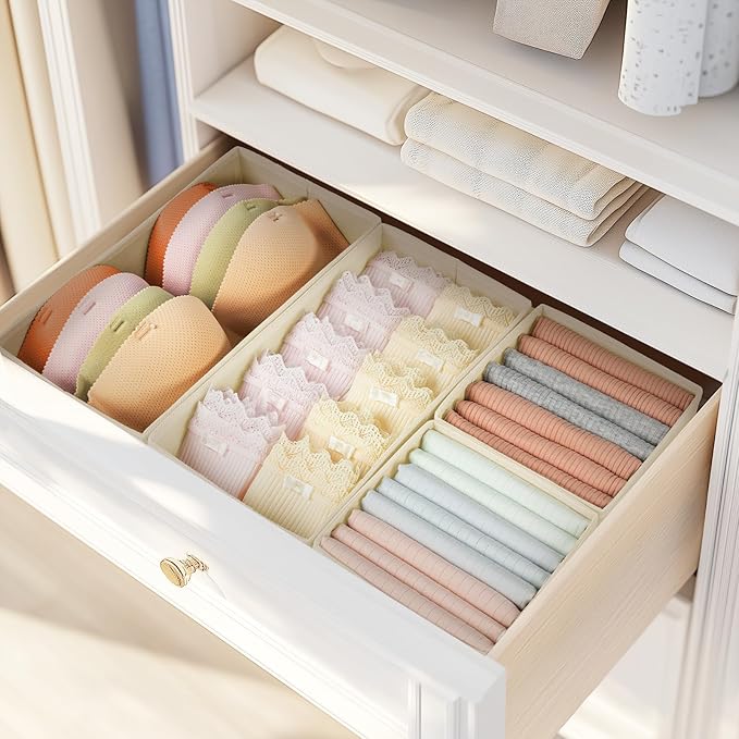 DIMJ Drawer Organizers - Set of 12 Fabric Closet Organizers and Storage, Drawer Dividers for Baby Clothes, Socks, Belt, Tie (Beige)