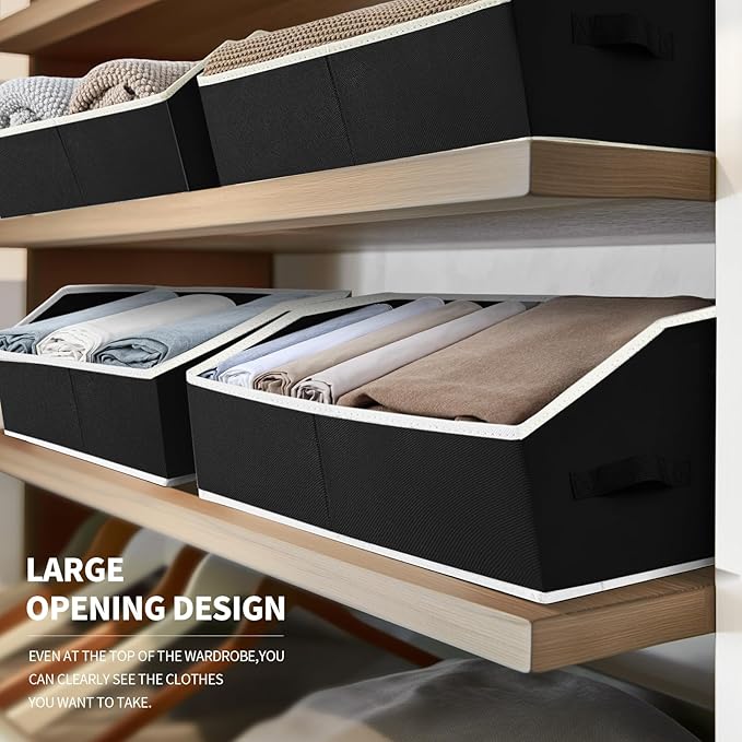 Large Closet Organizers and Storage Bins - 3 Pack Trapezoid Storage Baskets for Shelves, Foldable Fabric Baskets with Handles Ideal for Closet, Basket, Wardrobe and Shelf Storage, Black