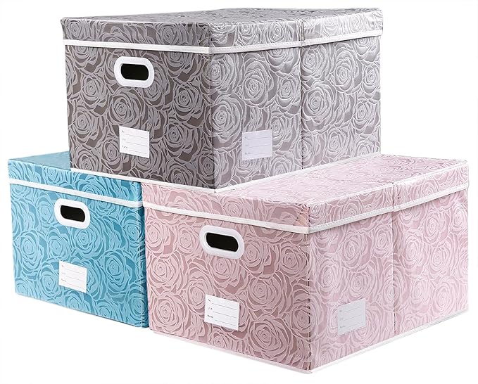 PRANDOM Extra Large Collapsible Storage Cubes with Lids Fabric Decorative Storage Bins Boxes Organizer Baskets with Cover Handles for Bedroom Closet Living Room 19.6x15.7x11.8 Inch 3 Pack