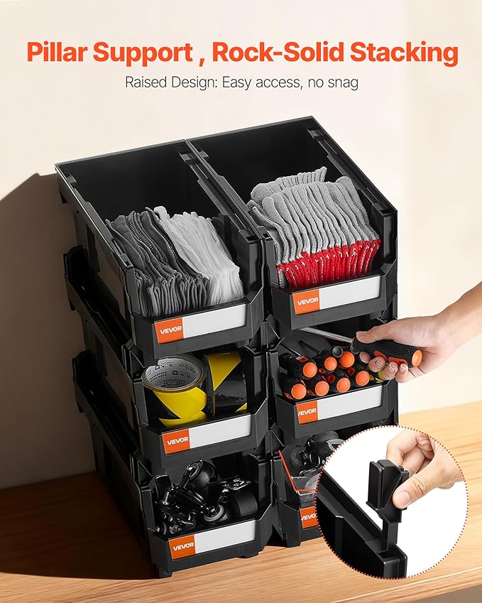 VEVOR Plastic Stackable Storage Bins, 14.8 x 8.5 x 7.1 inch (6 Pack), Plastic Containers for Organizing and Storage Bins for Closet, Garage, Small Parts, Office Supplies and Other Accessories, Black