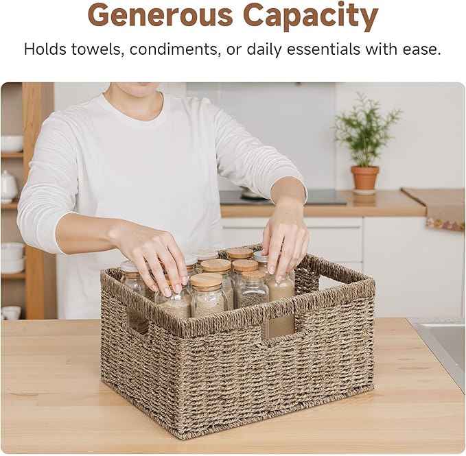 StorageWorks Extra Large Wicker Baskets for Organizing, Seagrass Storage Basket with Built-in Handles, 1 Pack
