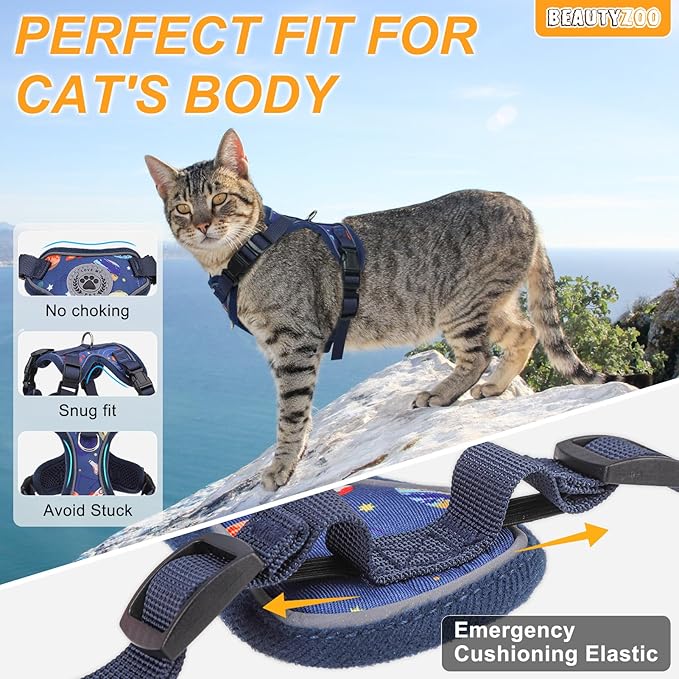 BEAUTYZOO Escape Proof Cat Harness and Leash for Walking, Soft Adjustable Cute Vest for Small to Large Cats, Reflective Breathable Easy-Control Outdoor Jacket, Kitten Harness and Leash Set, Blue, M