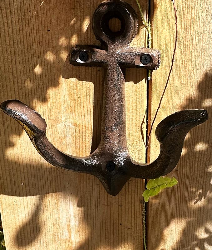 KiaoTime (Rusty Brown Vintage Rustic Cast Iron Nautical Anchor Design Wall Hook Coat Hook Rack, Decorative Wall Mounted Antique Shabby Chic Metal Home Bath Room Towel Coat Hook Hanger