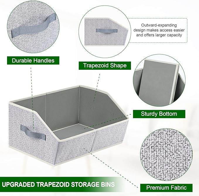 Closet Organizers Bins 6 Packs - Large Closet Shelf Organizer with Handles, Fabric Trapezoid Storage Bins, Collapsible Storage Cubes for Clothes, Towels, Light Gray