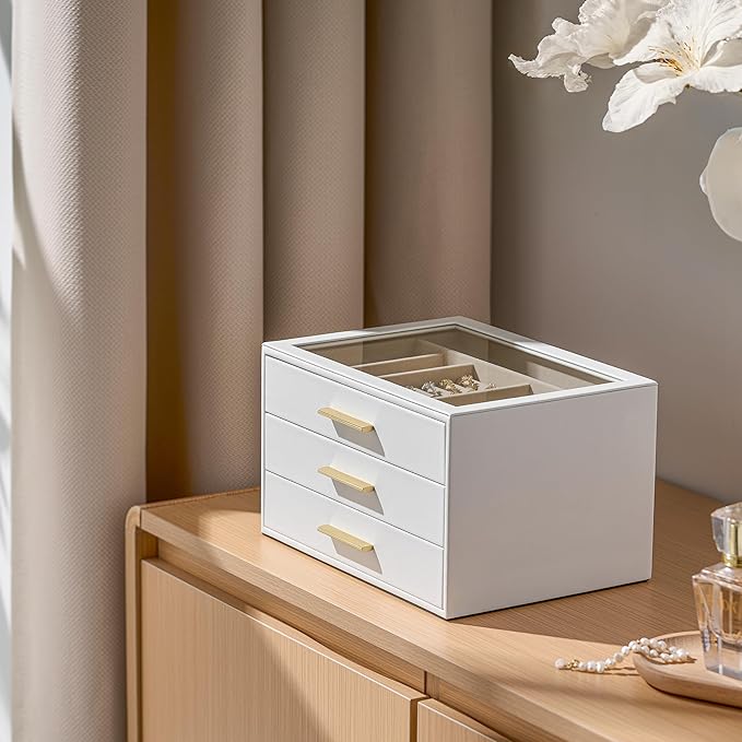 pickpiff Jewelry Box Organizer Case for Women: 3-Layer Jewelry Storage Case with Glass Window, Pure White Leather with Velvet Holder for Ring Necklace Bracelet Brooch Watch, Great Gift for Her